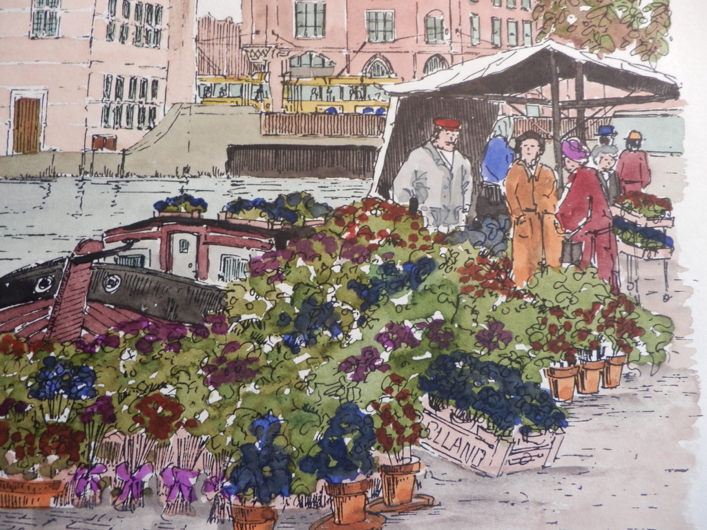 AD van HASSEL  Ingekleurde AQUAREL  BLOEMENMARKT ADAM kopen? Bied vanaf 30!