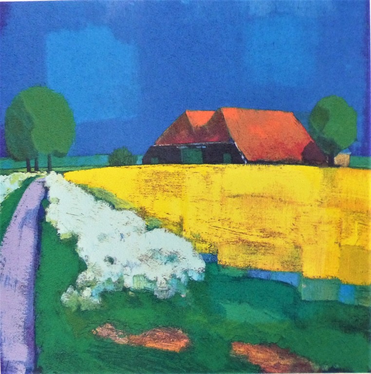 Jentsje Popma,zeefdruk op papier,Koolzaadveld met fluitekruid,Handgesigneerd kopen? Bied vanaf 75!