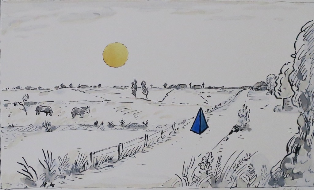 Pieter Holstein: Handgekleurde ets, Landschap met blauwe piramide kopen? Bied vanaf 25!