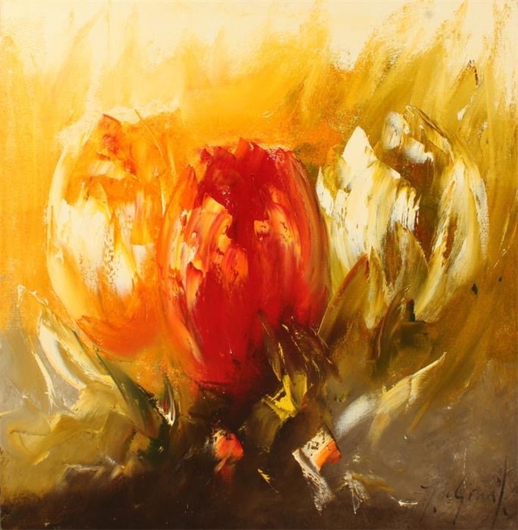 Jochem de Graaf, Tulpen, acryl op linnen, 3D 80x80 kopen? Bied vanaf 170!
