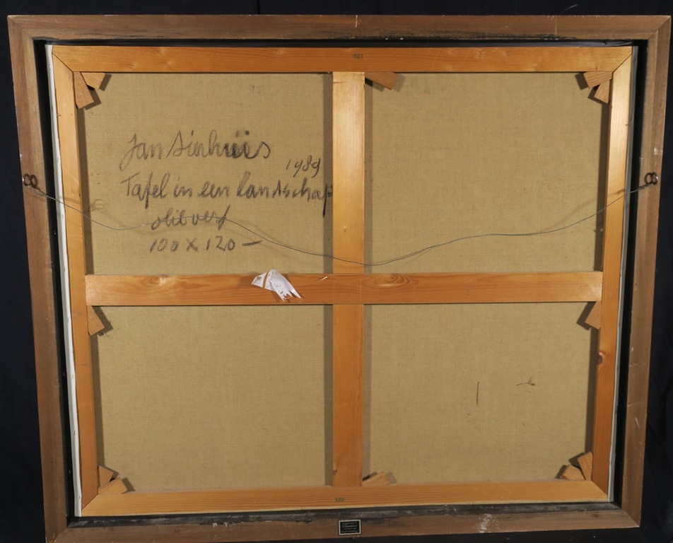 Jan Sierhuis: Olieverf op doek, Tafel in een landschap - Ingelijst (Groot!) kopen? Bied vanaf 1500!