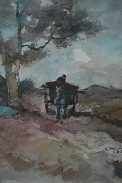 M L Middelhoek, aquarel op papier Paard en wagen in duinen 40 x 50 gesign kopen? Bied vanaf 50!