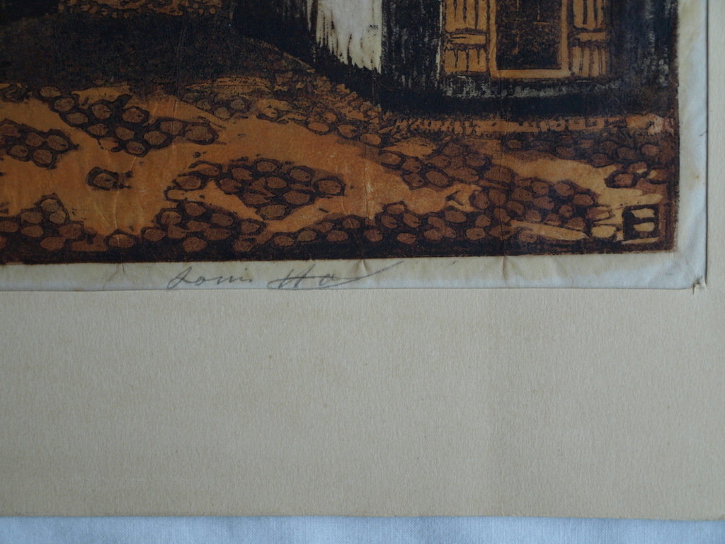 Louis Haver : Houtsnede , Huis met poort – Gesigneerd – ca 1950 kopen? Bied vanaf 35!