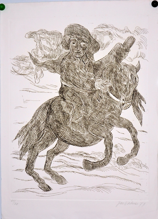 Jan Sierhuis: Grote ets. Ruiter te Paard. uit 1977 verkocht voor € 70!