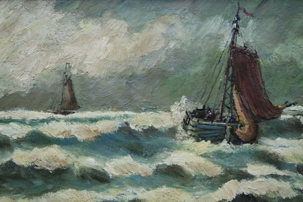 Olieverf op paneel -  zeegezicht met boten - gesigneerd l.o. verkocht voor € 65!