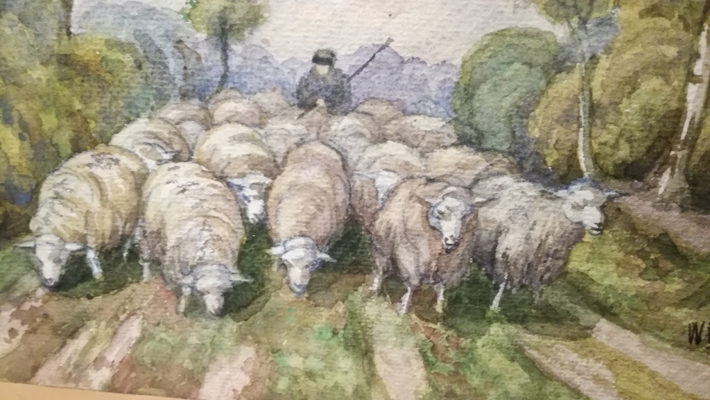 Onbekende kunstenaar, Aquarel, Herder en schapen,  onleesbaar gesigneerd kopen? Bied vanaf 1!
