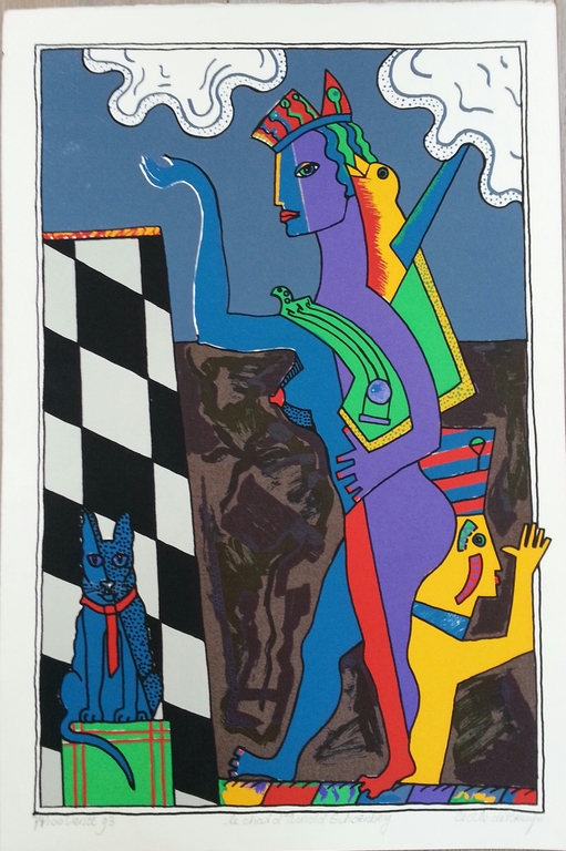 Cecile de Bruijn, zeefdruk op papier, titel:" le chat l' Arnold Schoenberg " kopen? Bied vanaf 30!