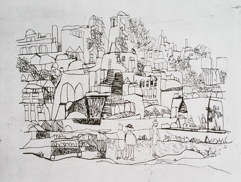 Henri Plaat - Henri Plaat - Dorp, droge naald ets verkocht voor € 75!