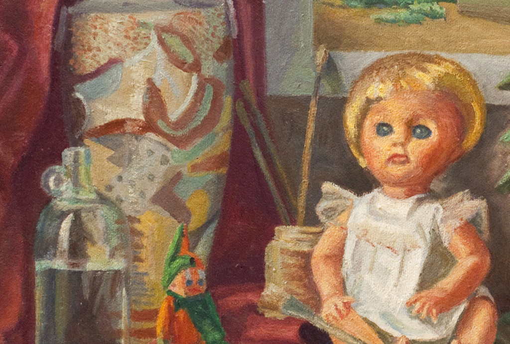 C.W.J. Witters, olieverf op board, Stilleven met pop kopen? Bied vanaf 85!