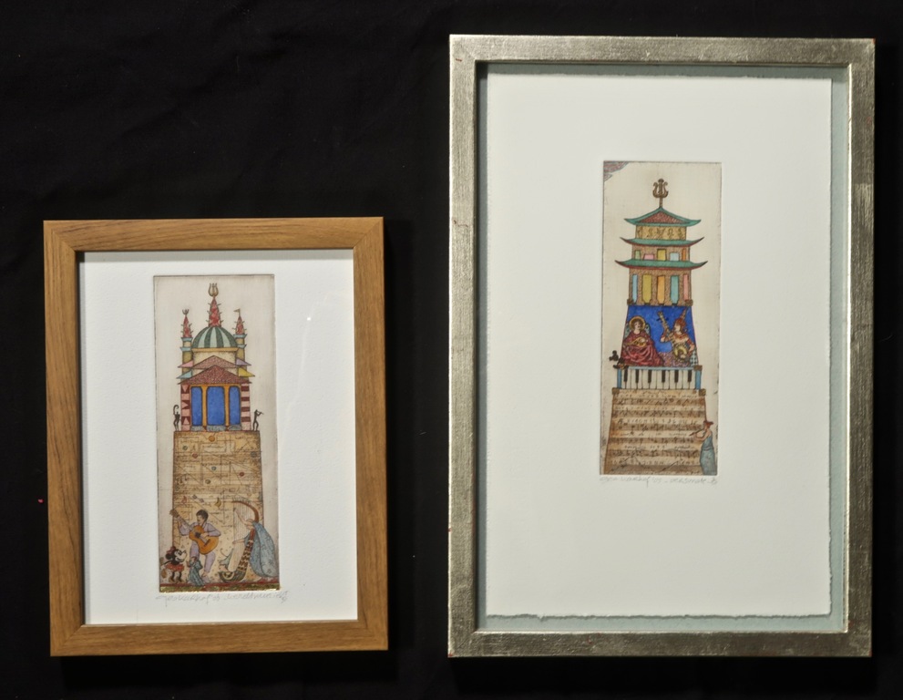 Lot met 2 werken van Gea Karhof: Ets, Wereldmuziek... kleine lijstjes kopen? Bied vanaf 40!