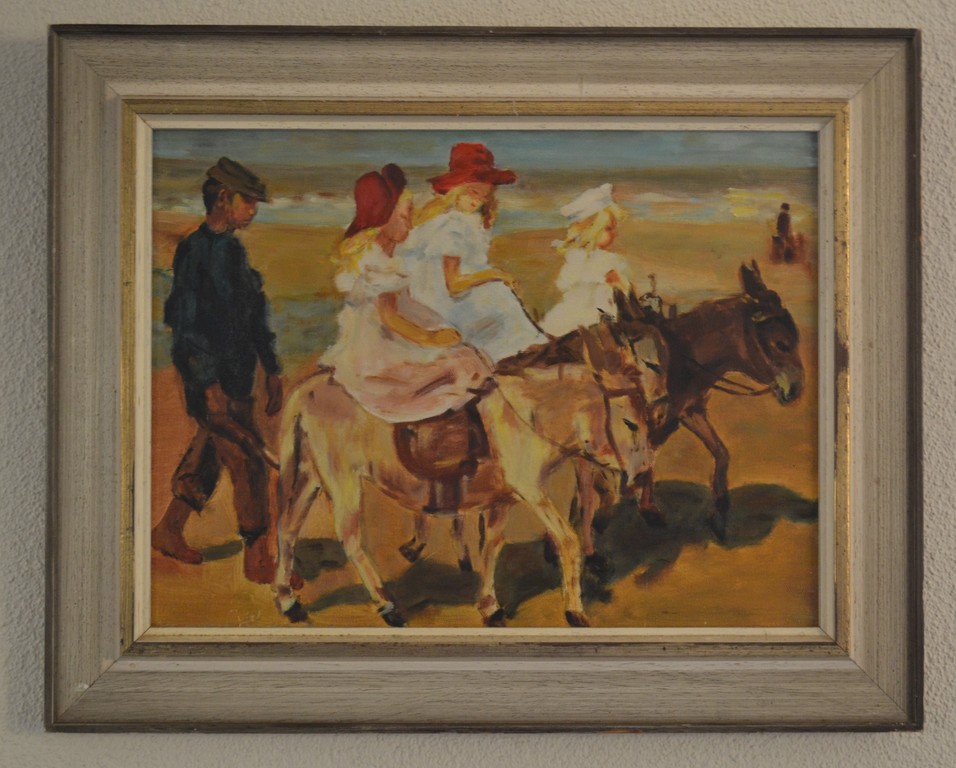 Ongesigneerd: olieverf op doek, ezeltje rijden langs het strand kopen? Bied vanaf 1!