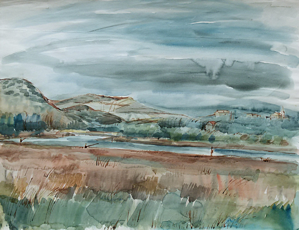 Kees Andrea - Landschap met vissers, tekening / aquarel verkocht voor € 50!