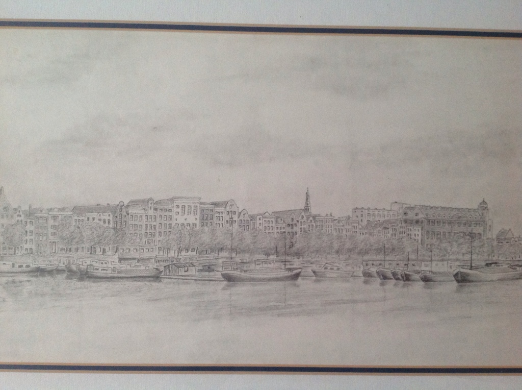 Onbekend, grote ingelijste potloodtekening, Prins Hendrikkade Amsterdam, gesign. kopen? Bied vanaf 1!