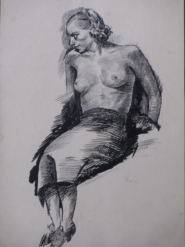 Herman Bieling, Halfnaakt zittende vrouw, Inkttekening kopen? Bied vanaf 30!