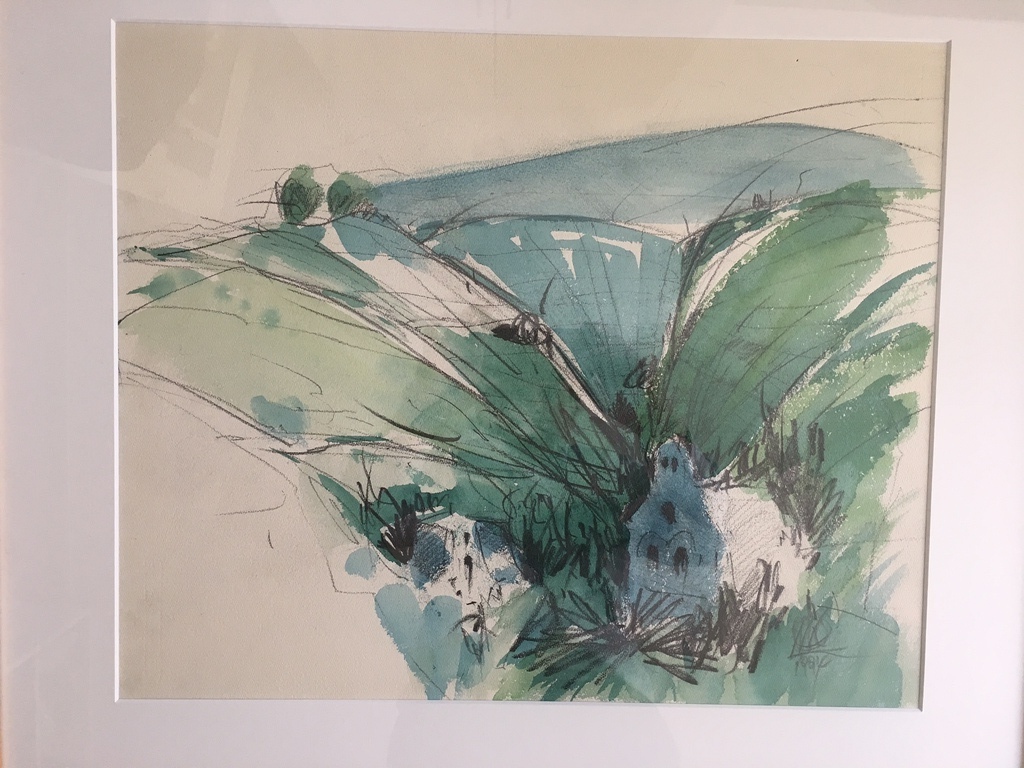 "Grieks Landschap", Acquarel ingevulde (houtskool) tekening 70x63 goede lijst+pp verkocht voor € 40!