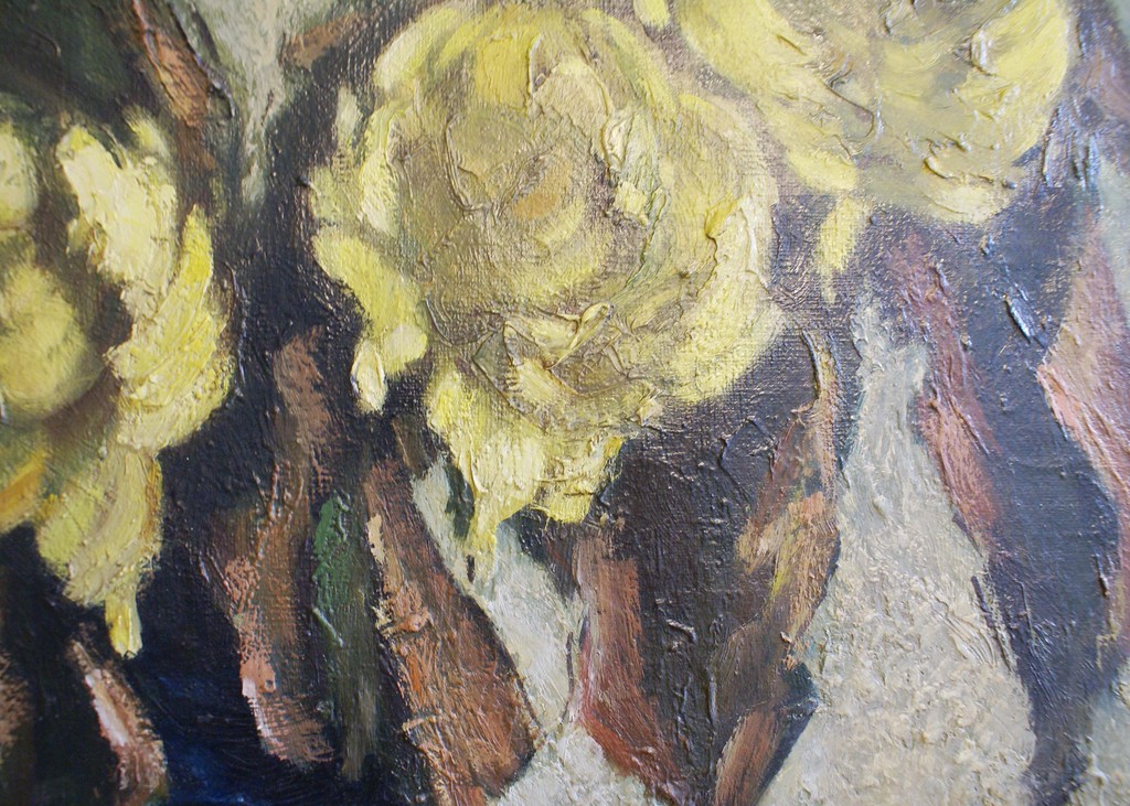 Groot bloemstilleven in houten lijst. Olieverf schilderij op doek. Chrysanten  kopen? Bied vanaf 110!