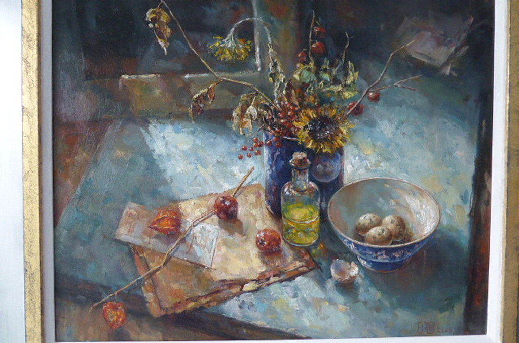 Rene Jansen Olieverfschilderij getiteld :Bloemstilleven met kwarteleitjes. kopen? Bied vanaf 1595!