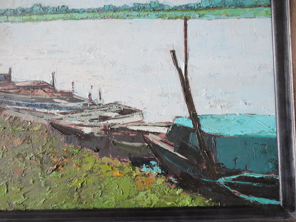 Pieter Vierhout, olieverf op doek, bootjes aan rivierbedding (toegeschreven aan) kopen? Bied vanaf 1!