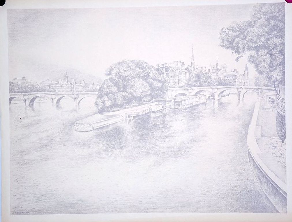 Wim Schuhmacher: Litho in grijs. Ile de la Cite uit 1947 kopen? Bied vanaf 1!