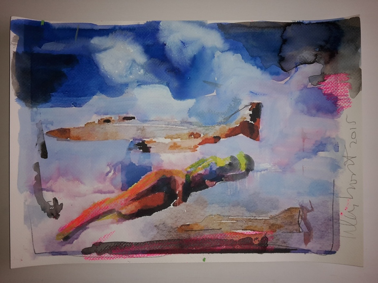Peter Klashorst - Flying girl - gemengde techniek op aquarel papier - gesigneerd kopen? Bied vanaf 1!
