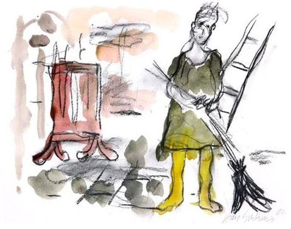 Jan Sierhuis: Aquarel, Assepoester met gele kousen - Ingelijst verkocht voor € 240!