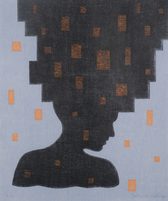 Jacomijn den Engelsen: Houtsnede, Afro (blauw) - Ingelijst kopen? Bied vanaf 20!