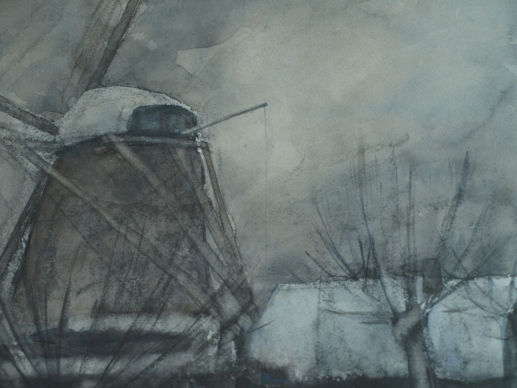 Onduidelijke signatuur : Gemengde techniek , Molen – ingelijst– 1956 kopen? Bied vanaf 1!