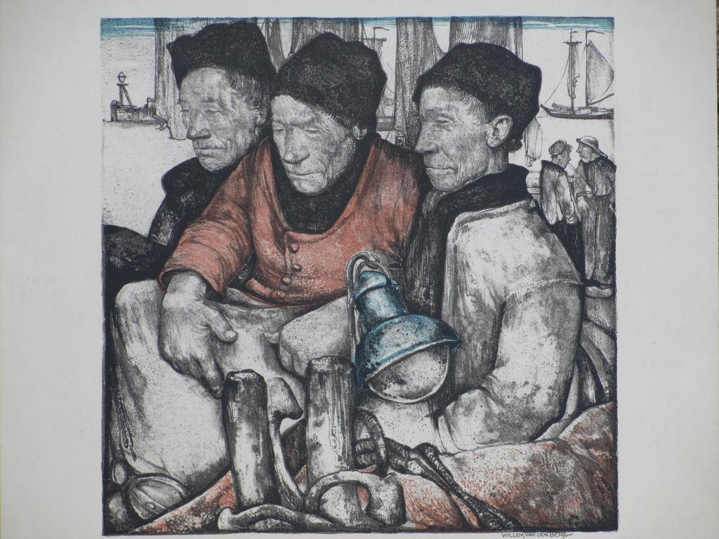 Willem van den Berg, Vissers in klederdracht, Kleurlitho kopen? Bied vanaf 50!