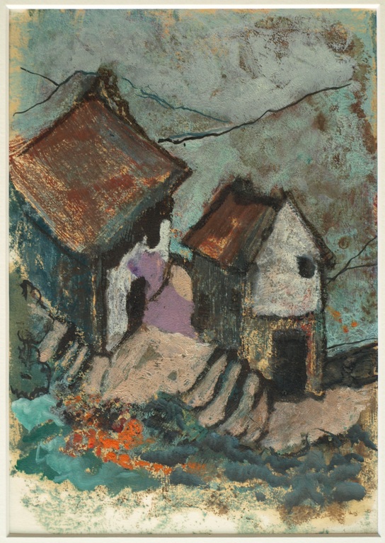 Olieverf op papier – Landschap met huizen – ingelijst – ca 1e helft 20e eeuw verkocht voor € 40!