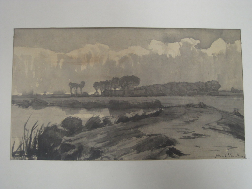Maurits v/d Valk sepiatekening "Hollands rivierlandschap" omstreeks 1900  kopen? Bied vanaf 1!