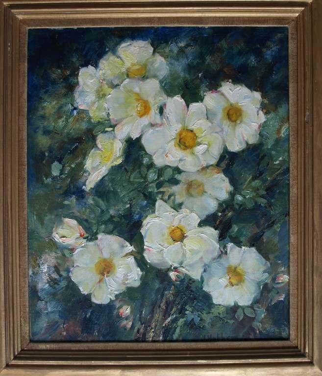 Onduidelijke signatuur : Olieverf op doek – Bloesem – ingelijst – ca 1925  verkocht voor € 75!