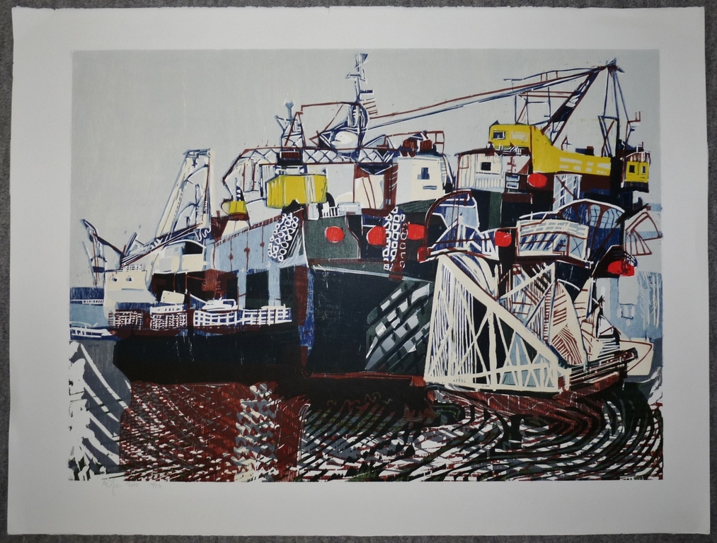 Vincent van Ojen: Kleurenhoutsnede, Haventafereel, Oplage 23 stuks, Gesigneerd kopen? Bied vanaf 165!