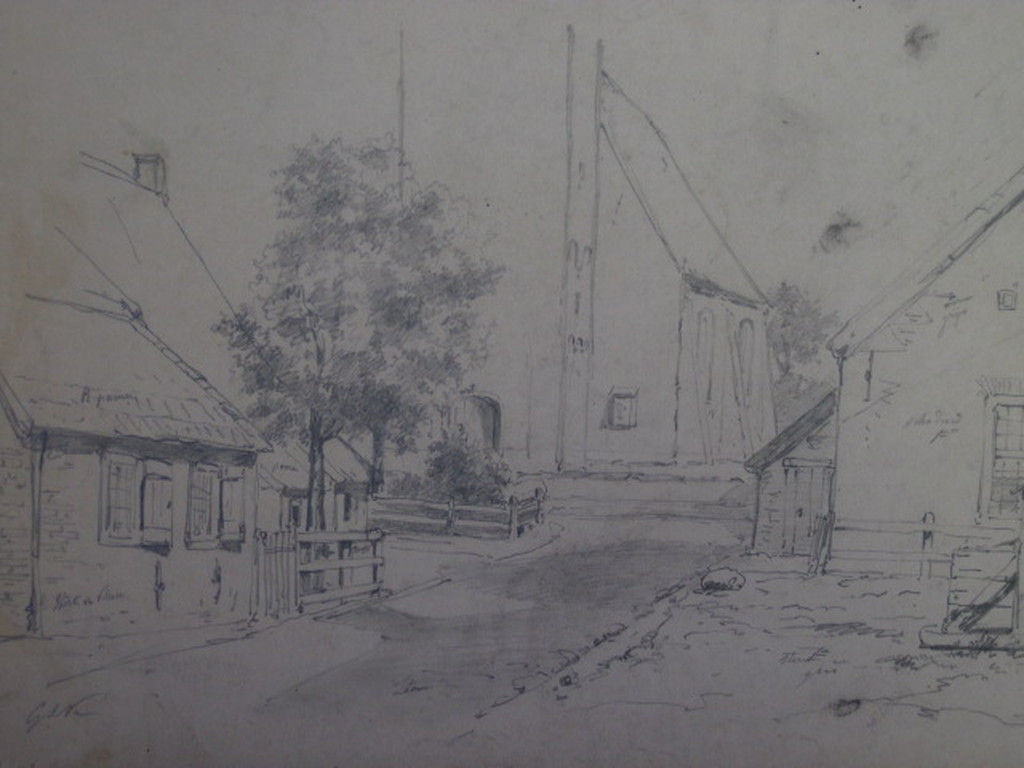 Fraaie potloodtekening G.L.Kiers (1838-1916) "straatje Noord Laren" gesigneerd kopen? Bied vanaf 1!