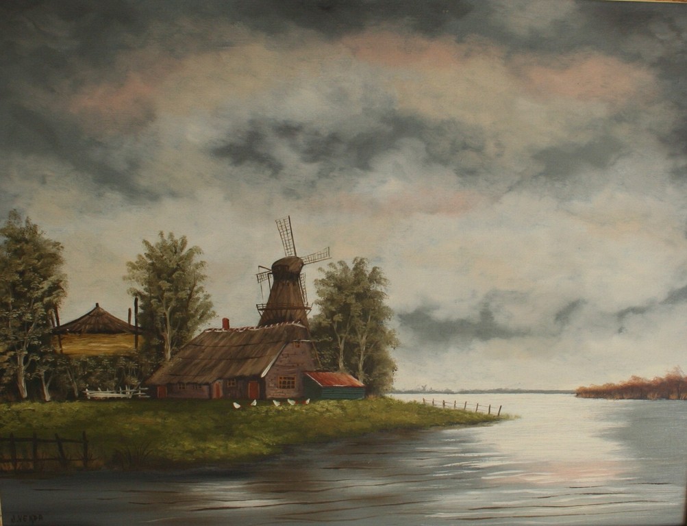 J. Verda (20e eeuw) - olieverf op doek - boerderij met molen aan het water kopen? Bied vanaf 80!