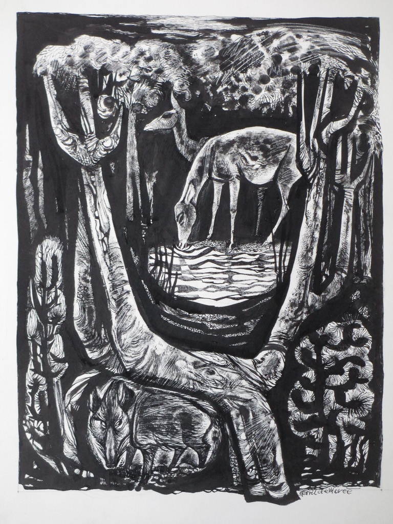 Gerrit de Moree, Dieren in het bos, Inkttekening verkocht voor € 40!