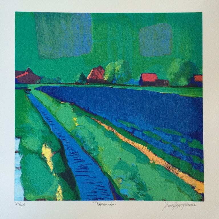 Jentsje Popma, zeefdruk op papier, Titel: Bollenveld verkocht voor € 50!