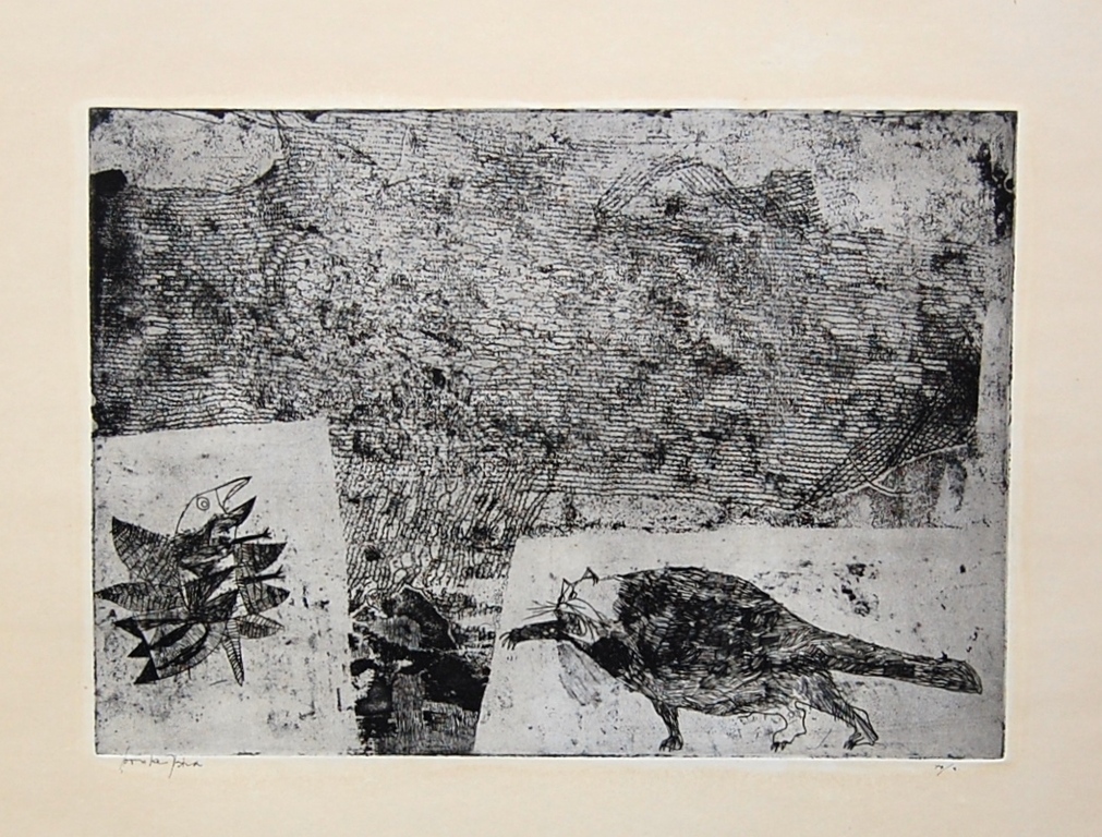 Bouke Ylstra, droge naald ets, Vogel en kat kopen? Bied vanaf 5!