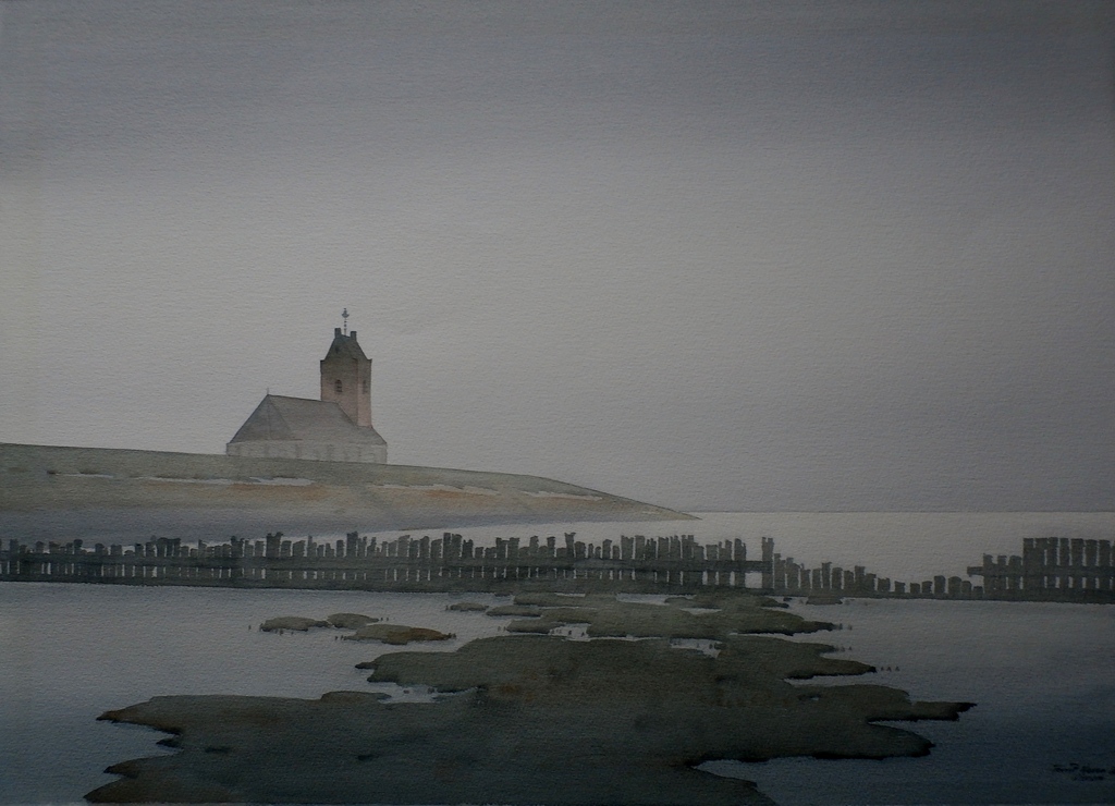 Laatste keer: Gerrit Neven - Aquarel - Waddenzee met de kerk van Wierum - 1982 kopen? Bied vanaf 500!