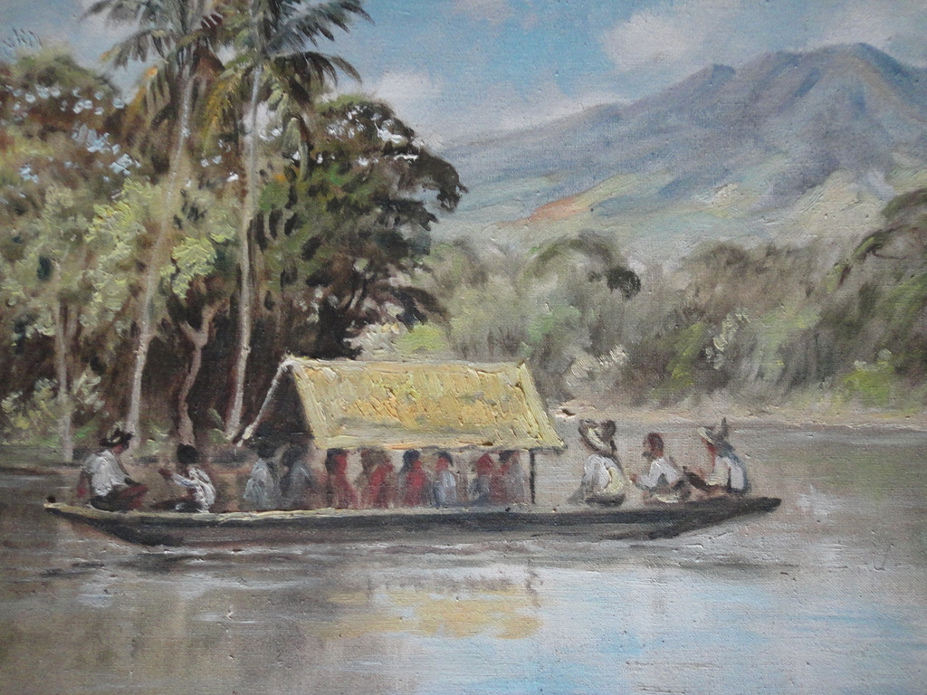 Indonesische school: olieverf, landschap met boot op rivier kopen? Bied vanaf 1!
