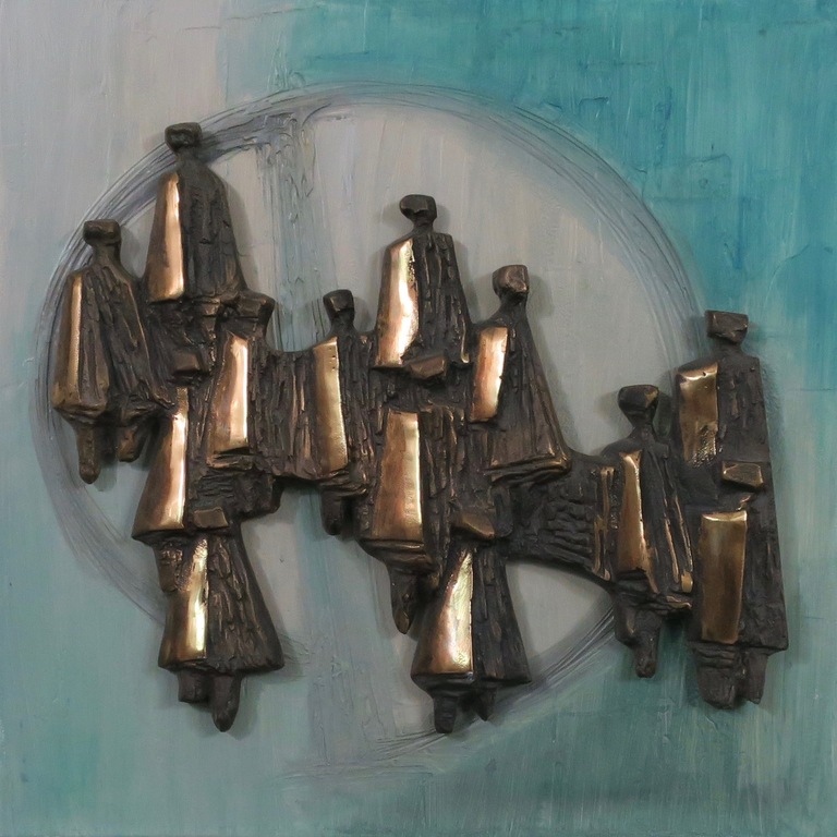 Judith Braun: Brons relief op beschilderde paneel, Figuren - Ingelijst kopen? Bied vanaf 100!
