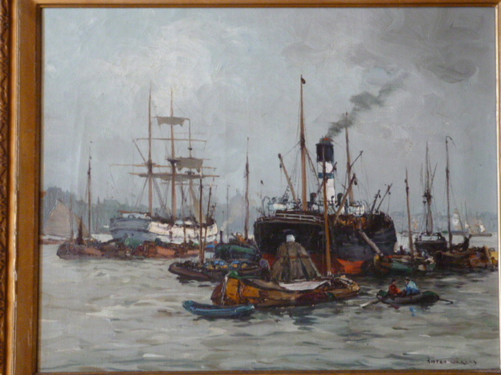 Anton Dirckx - olieverf - Havengezicht met driemaster verkocht voor € 490!