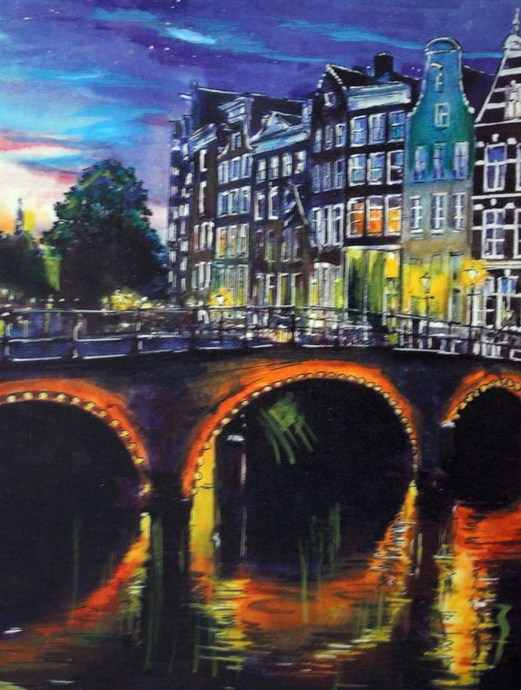 Elena Polyakova (21e eeuw)  - Amsterdamse gracht -Gemengde techniek op karton kopen? Bied vanaf 100!