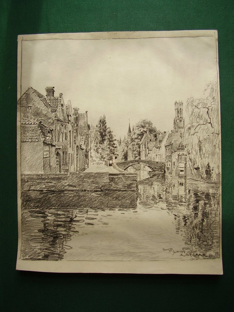 Abraham Segaar: 2 zwart krijttekeningen, stadsgezichten Brugge, 1914, gesigneerd kopen? Bied vanaf 50!