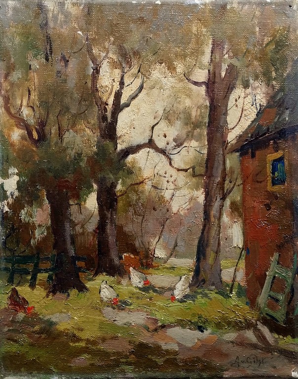 Arnout van Gilst - Olieverf - Boerenerf met Kippen verkocht voor € 40!