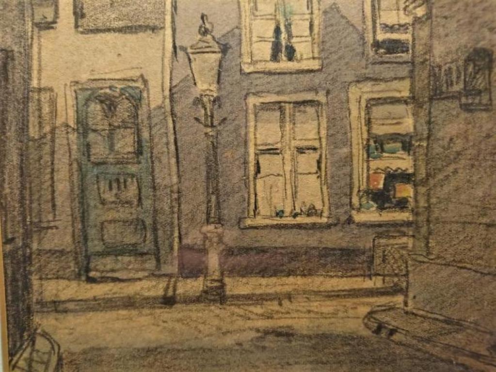 Onbekende Kunstenaar - Aquarel/Houtskool op board - Straattafereel zonder titel. kopen? Bied vanaf 1!