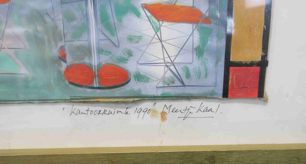 Meertje Kaal: Acryl en Collage op karton, Kantoorruimte 1990 - Ingelijst kopen? Bied vanaf 1!