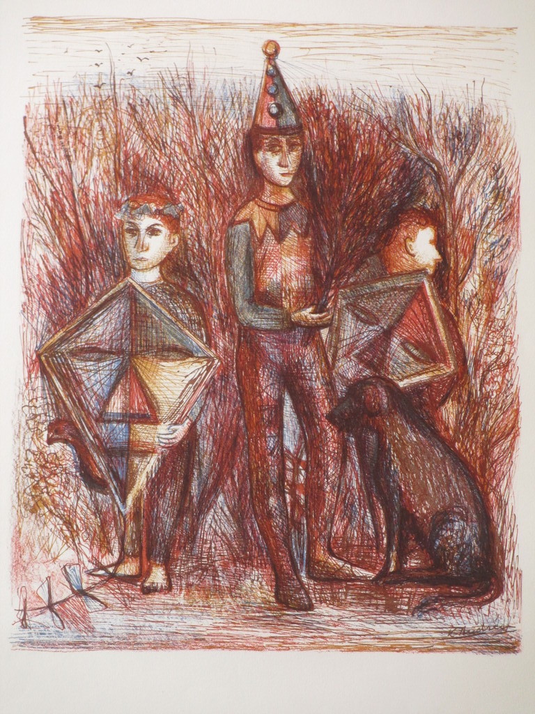 Kees Andrea, Pierrot, vliegers en hond, Kleurenlitho verkocht voor € 35!