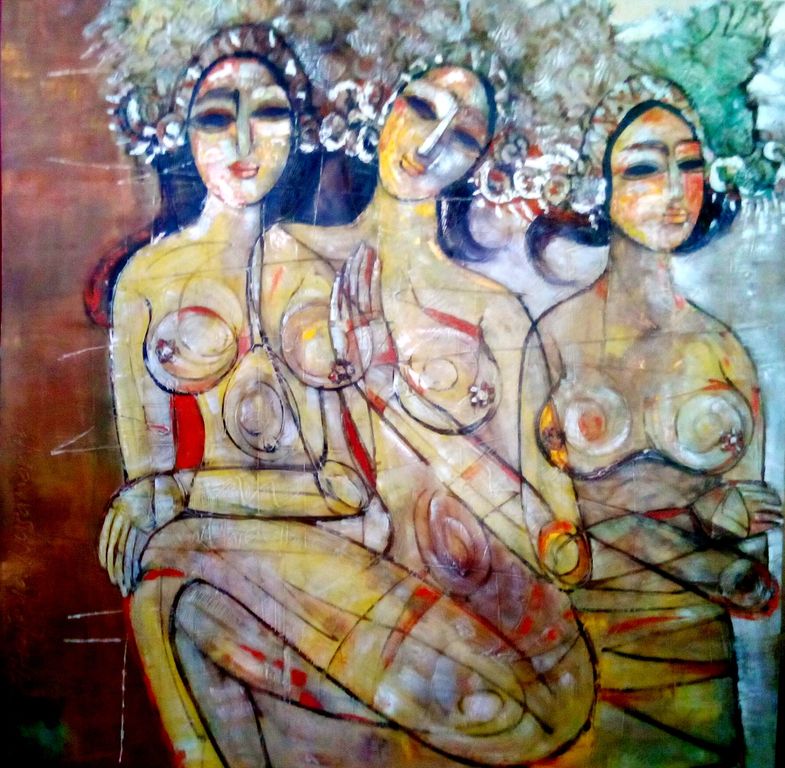Balinese Dancers, Afmetingen: 140 cm x 140 cm  Gesigneerd: ja, 2 maal in textuur kopen? Bied vanaf 210!