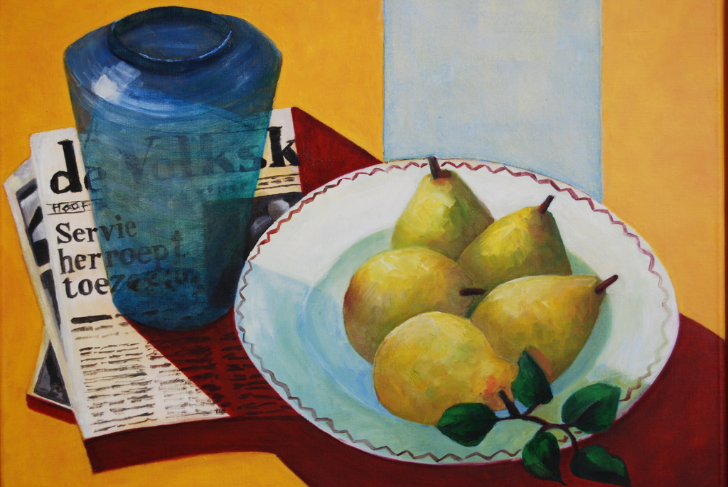 Carla Dekker stilleven met krant olieverf op doek 1992 kopen? Bied vanaf 55!