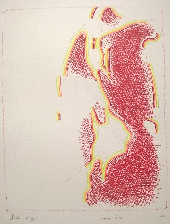 Jaap Hillenius – gesigneerde litho in rood en kleurpotlood verkocht voor € 95!